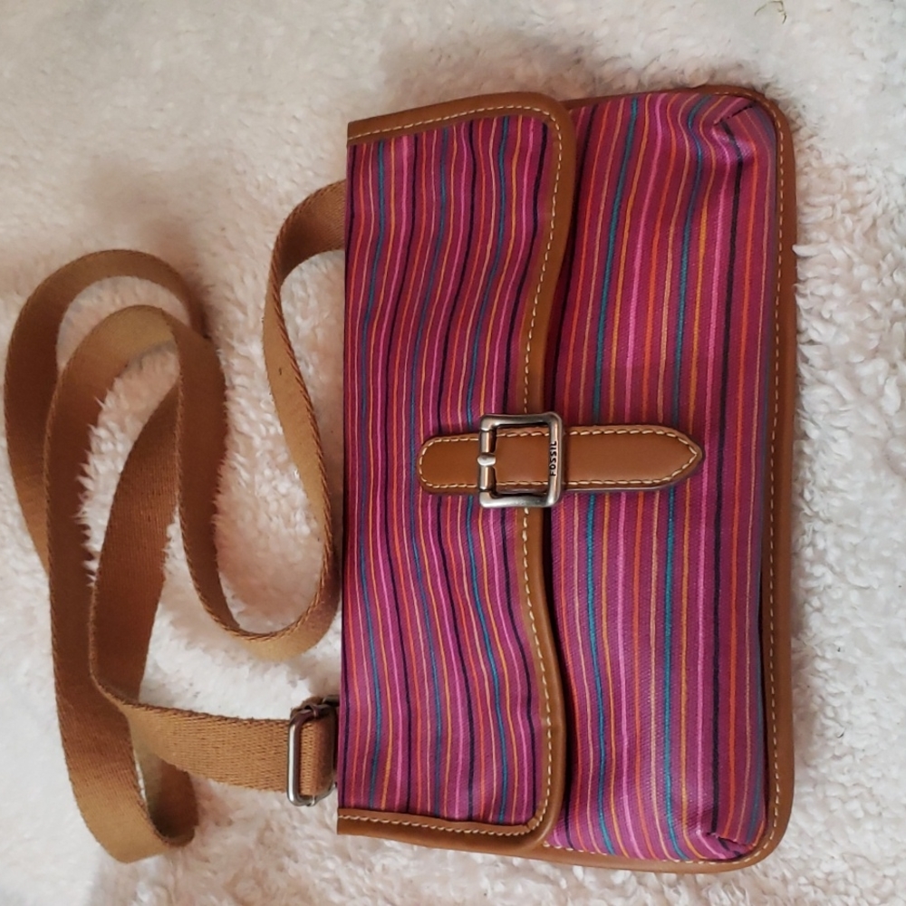 FOSSIL crossbody cheerful pink, turquoise, yellow, orange, black stripes! NWOT
